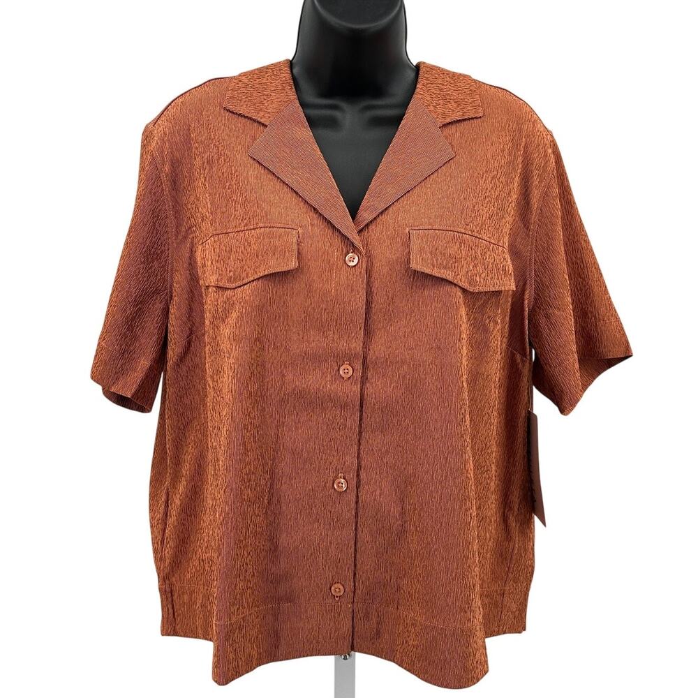 Athleta Echo Top WMNS M Orange Brown Striped Button Up Short Sleeve Breathable